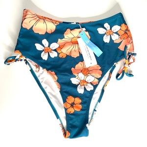 Cupshe High Waisted Teal Orange Floral Bikini Bottoms NWT